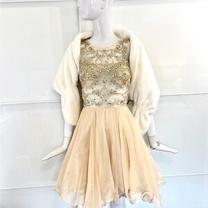 MAY QUEEN Couture Champagne Beaded Illusion Formal Gown - Size 8 - Princesscore